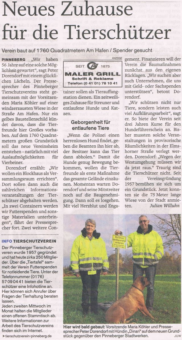 2013-11-09 Pressebericht Neues Zuhause für Tierschützer